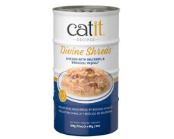 Garnitures Catit Divine Shreds, Poulet avec maquereau et brocoli en gelée, 4 x conserves de 85 g