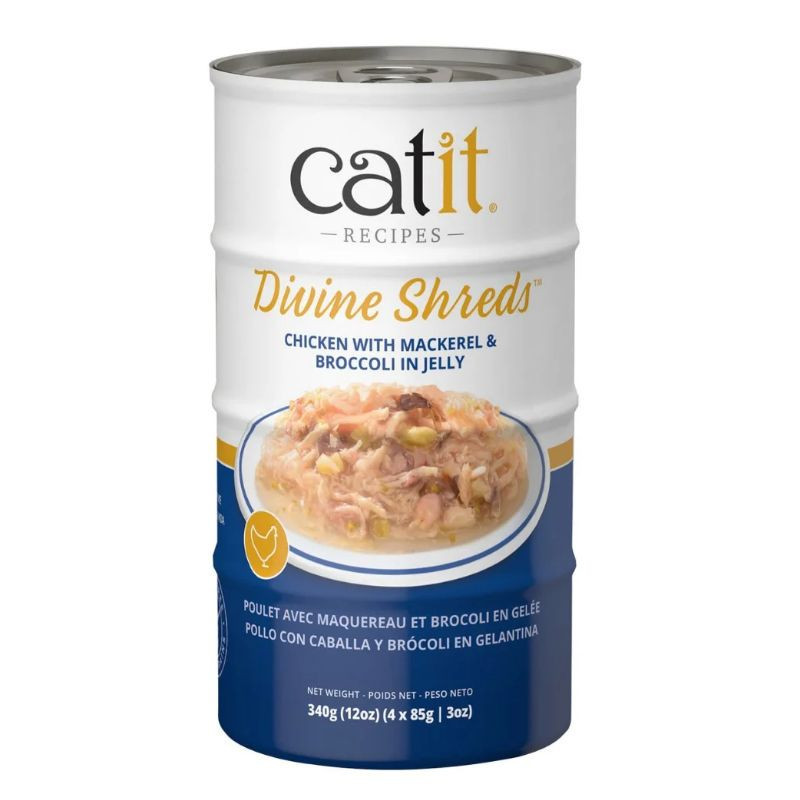 Garnitures Catit Divine Shreds, Poulet avec maquereau et brocoli en gelée, 4 x conserves de 85 g