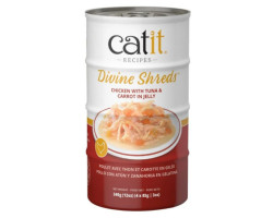 Garnitures Catit Divine Shreds, Poulet avec thon et carotte en gelée, 4 x conserves de 85 g