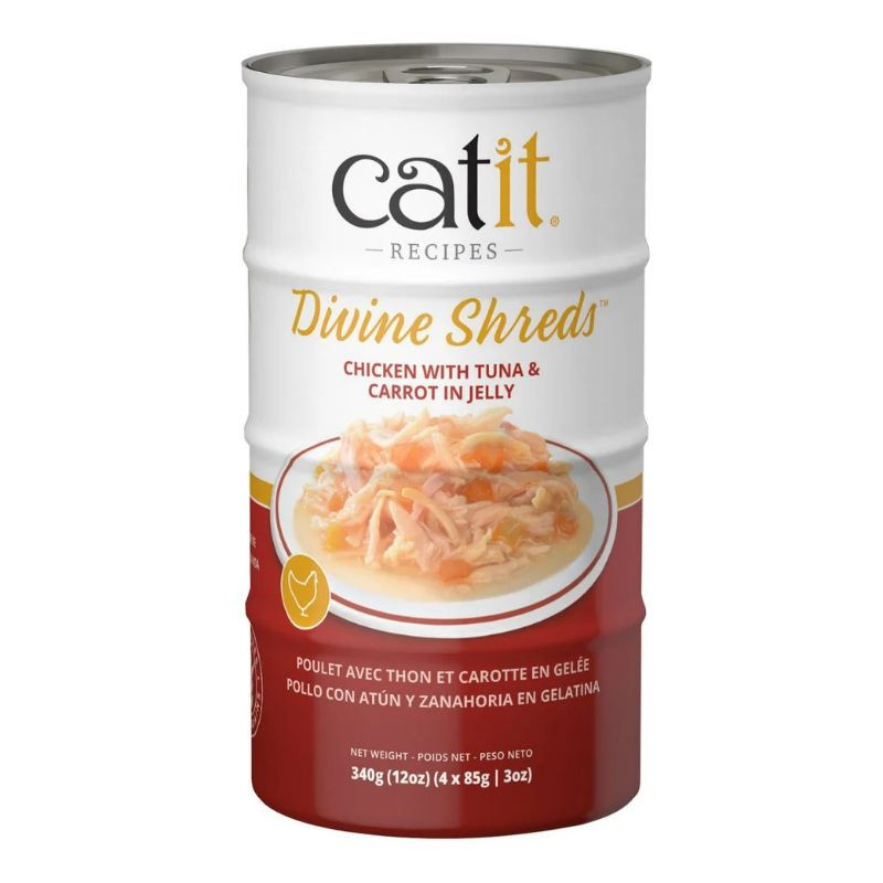 Garnitures Catit Divine Shreds, Poulet avec thon et carotte en gelée, 4 x conserves de 85 g