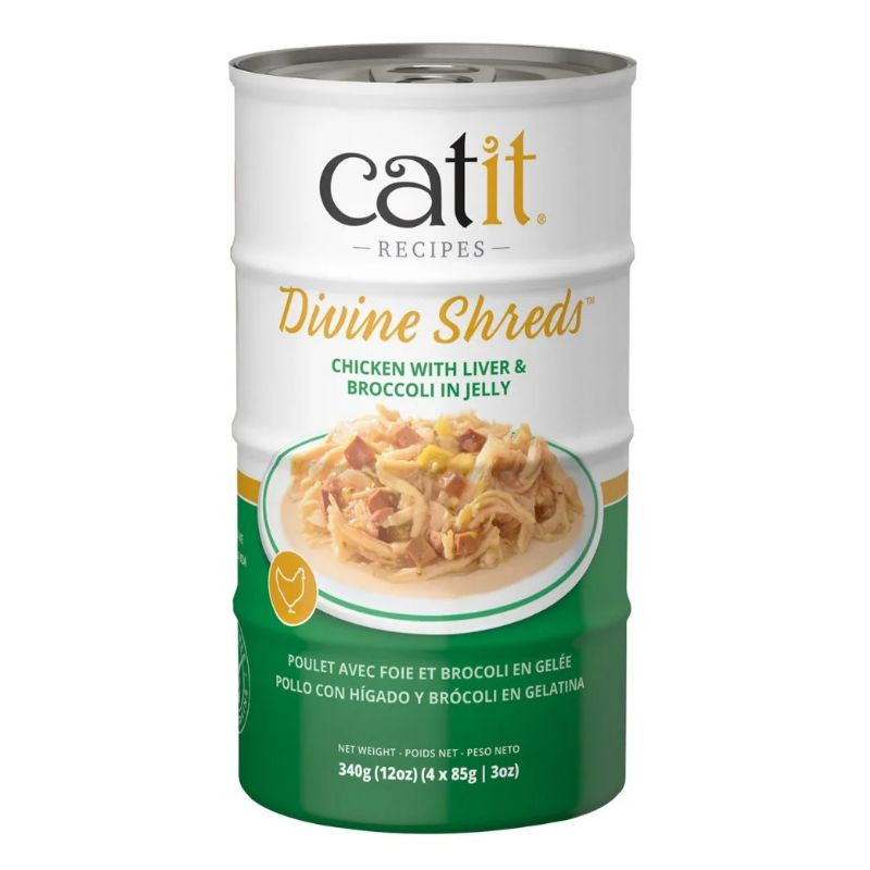 Garnitures Catit Divine Shreds, Poulet avec foie et brocoli en gelée, 4 x conserves de 85 g