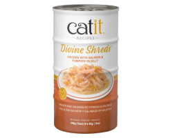 Garnitures Catit Divine Shreds, Poulet avec saumon et citrouille en gelée, 4 x conserves de 85 g