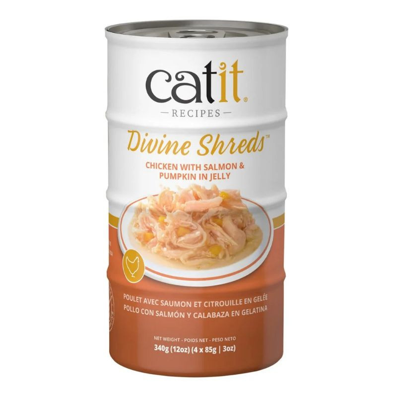 Garnitures Catit Divine Shreds, Poulet avec saumon et citrouille en gelée, 4 x conserves de 85 g