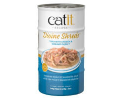 Garnitures Catit Divine Shreds, Thon avec poulet et wakamé en gelée, 4 x conserves de 85 g