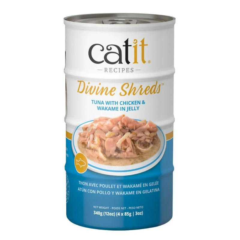 Garnitures Catit Divine Shreds, Thon avec poulet et wakamé en gelée, 4 x conserves de 85 g