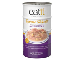 Garnitures Catit Divine Shreds, Thon avec shirasu et patate douce en gelée, 4 x conserves de 85 g