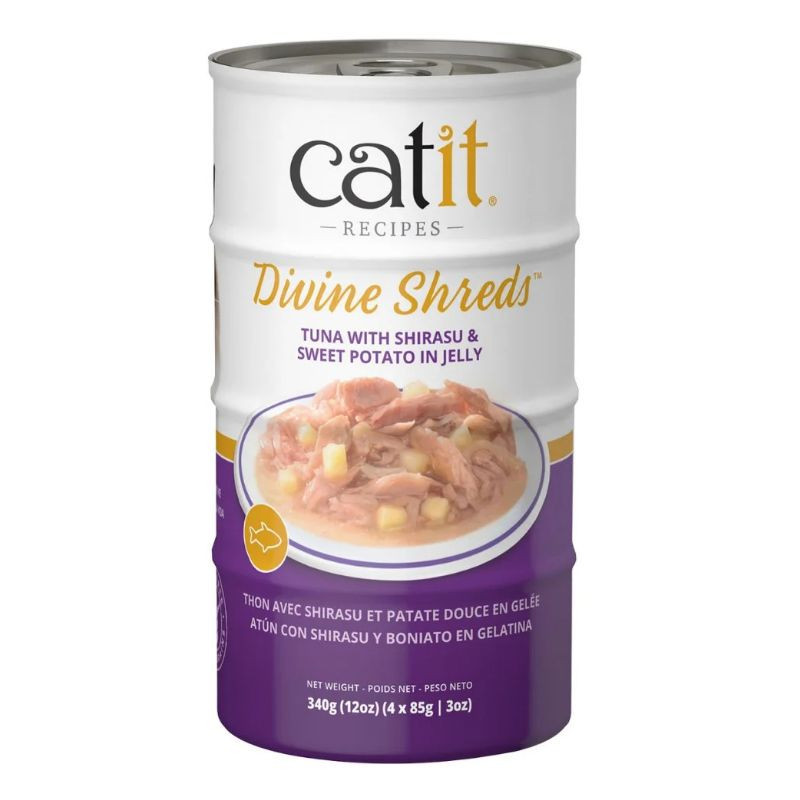 Garnitures Catit Divine Shreds, Thon avec shirasu et patate douce en gelée, 4 x conserves de 85 g