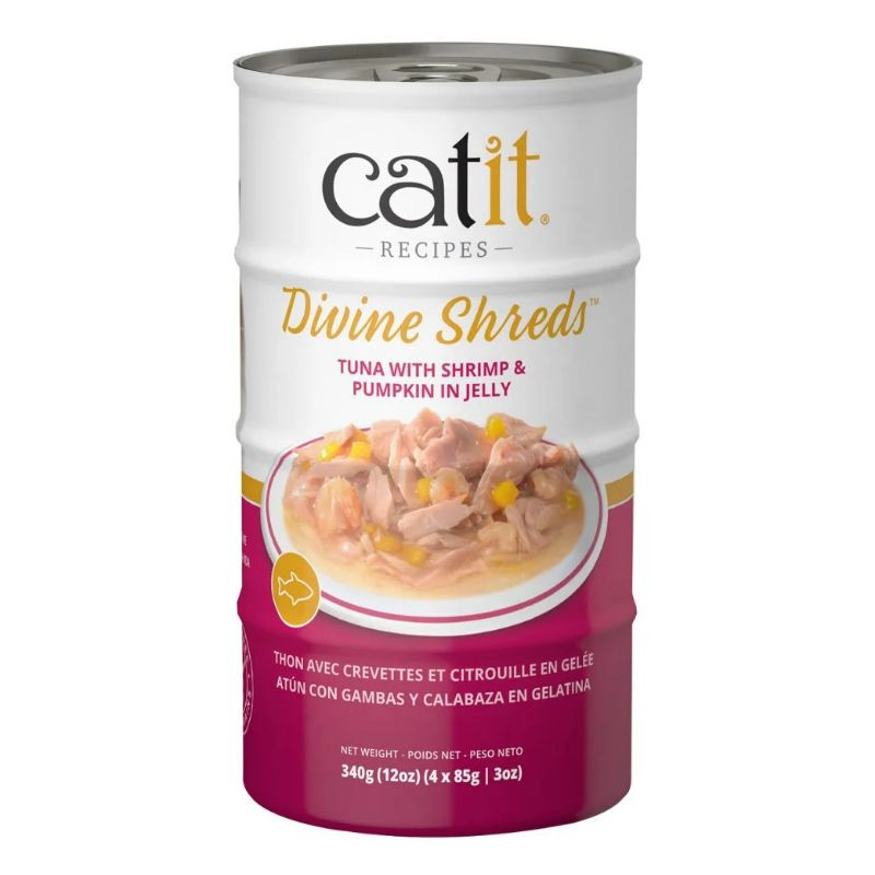 Garnitures Catit Divine Shreds, Thon avec crevettes et citrouille en gelée, 4 x conserves de 85 g