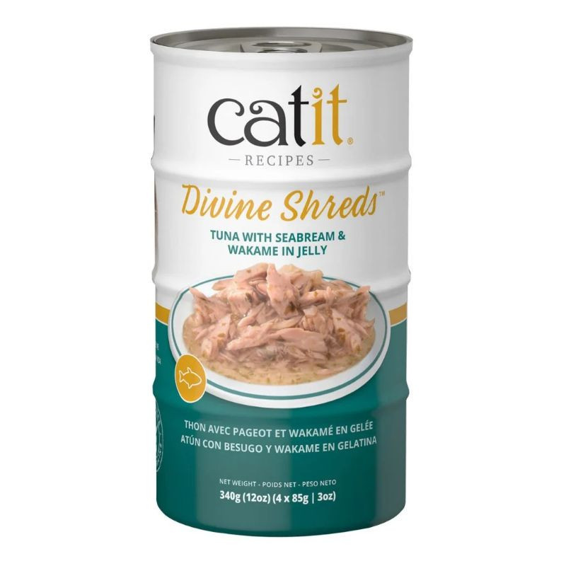 Garnitures Catit Divine Shreds, Thon avec pageot et wakamé en gelée, 4 x conserves de 85 g