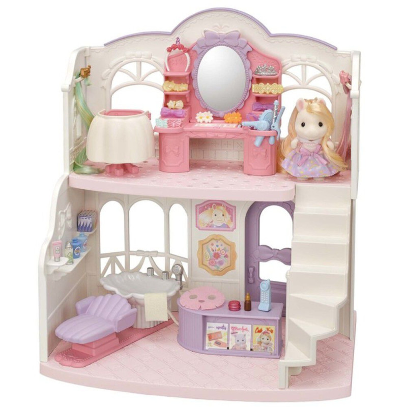 Salon de coiffure élégant de Calico Critters Pony, ensemble de jeu de maison de poupée avec figurine et accessoires