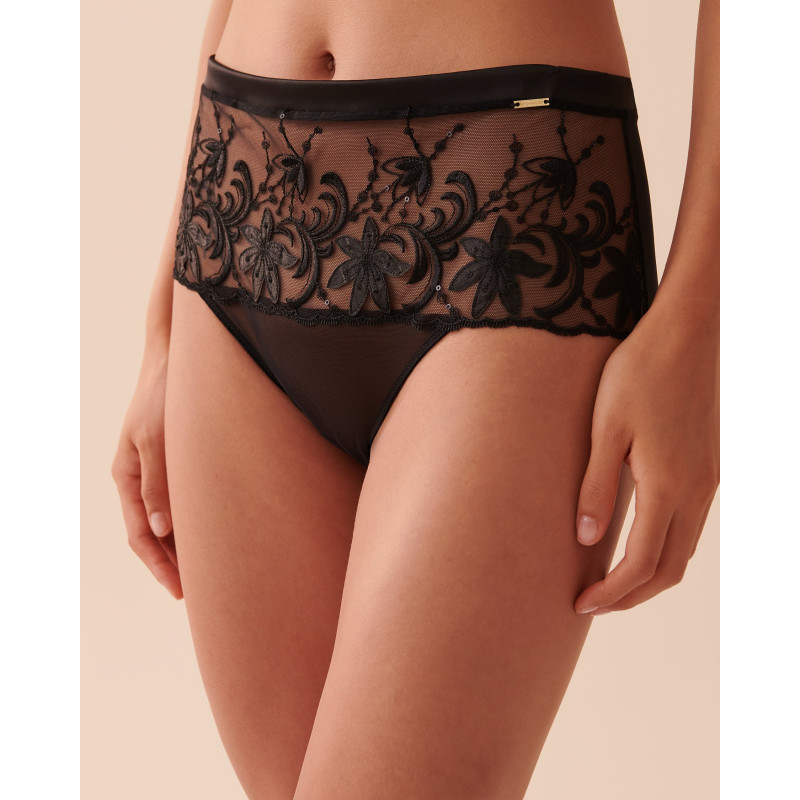 Culotte bikini taille haute en résille à fleurs appliquées