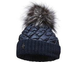 Puffy beanie with knitted edge and recycled fur pompom - Women