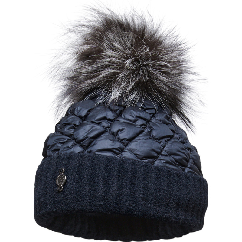 Puffy beanie with knitted edge and recycled fur pompom - Women