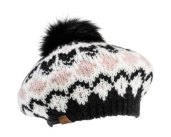 Thick knit beret hat with recycled fur pompom - Women's