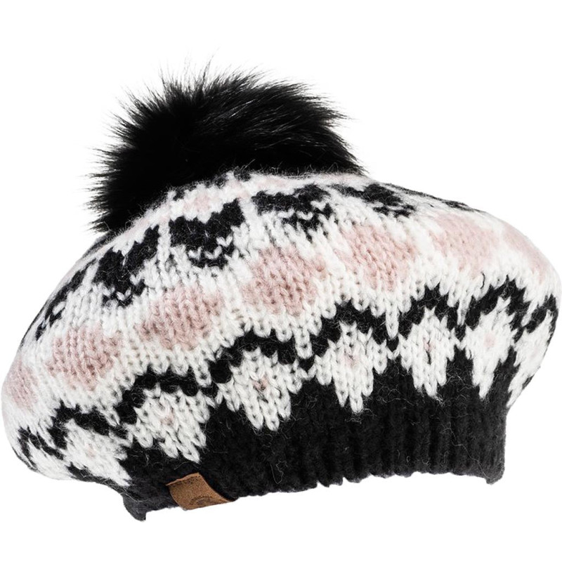 Thick knit beret hat with recycled fur pompom - Women's