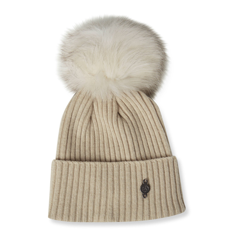 Recycled cashmere beanie with reused fur pompom - Women