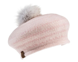 Jacquard beret hat with recycled fur pompom - Women