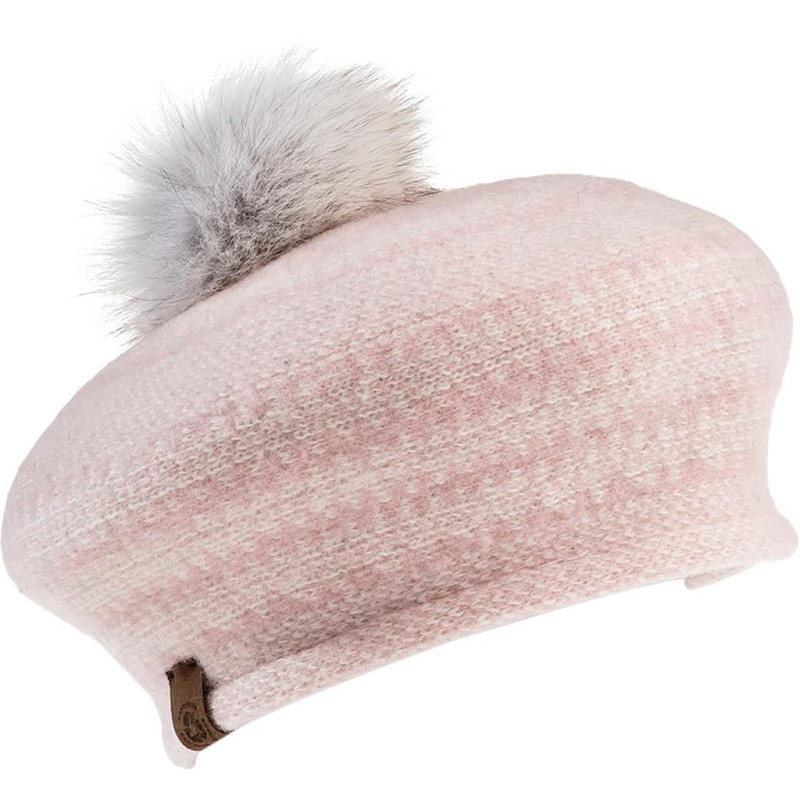 Jacquard beret hat with recycled fur pompom - Women