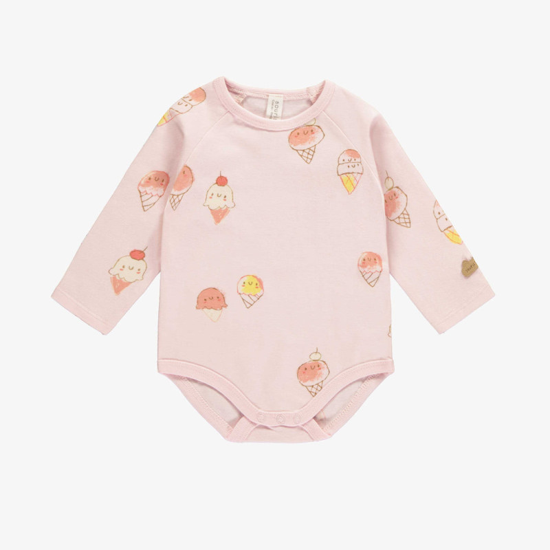 Light pink long sleeved bodysuit with an ice cream print in organic cotton, newborn