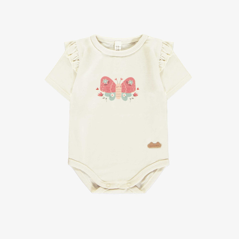 Cream bodysuit with short sleeves and an illustration of a butterfly, newborn