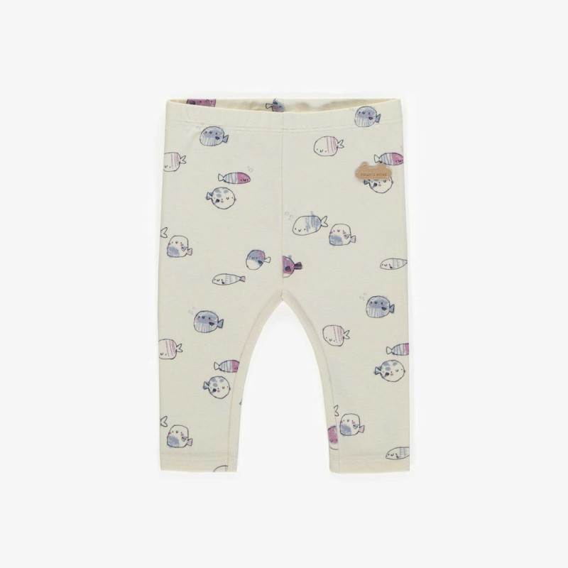 Cream legging with blue and purple fish print in organic cotton, newborn