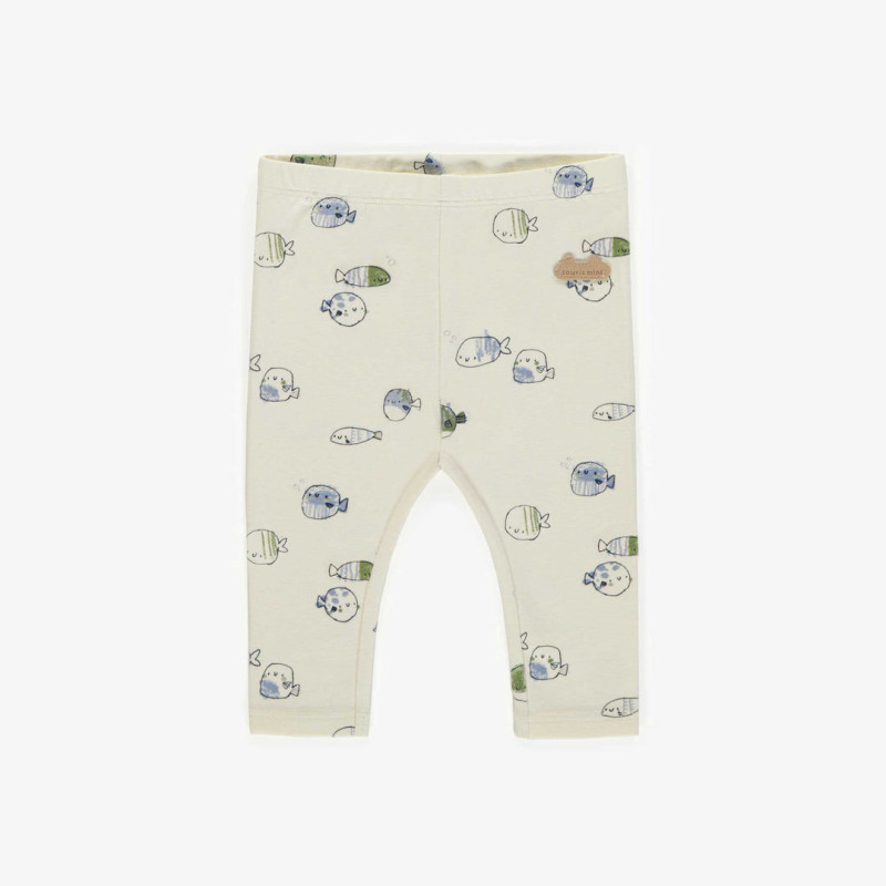 Cream leggings with blue and green fish print in organic cotton, newborn