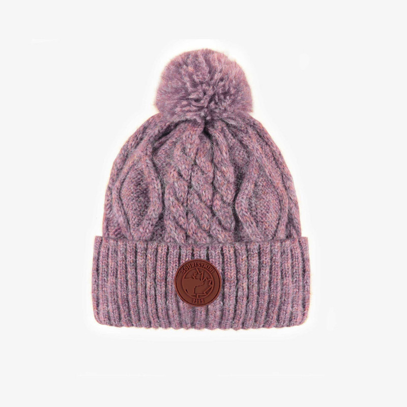 Purple knitted toque with a pompom, baby