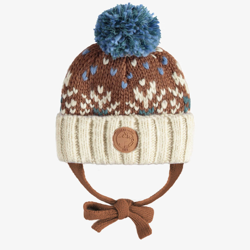 Cream and brown knitted toque with a jacquard print and a pompom, baby