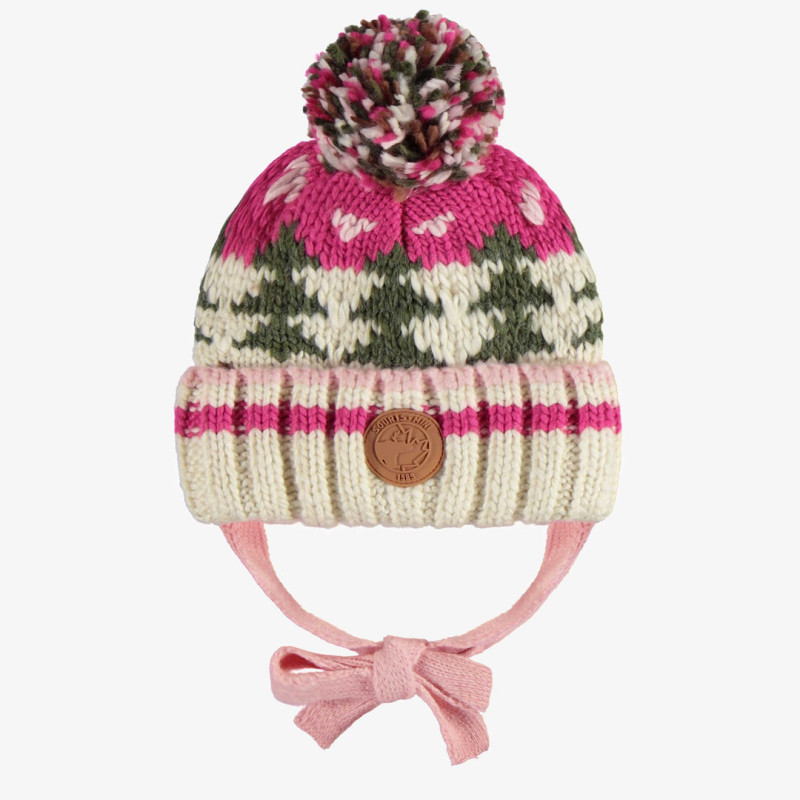 Pink and cream toque with a jacquard print and a pompon, baby