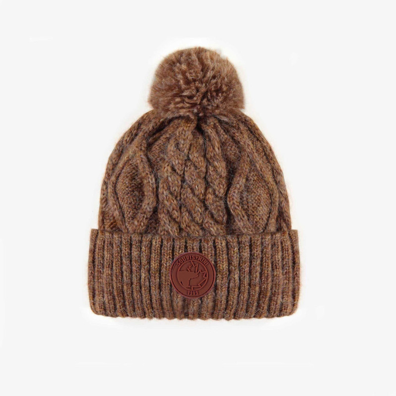 Brown knitted toque with a pompom, baby