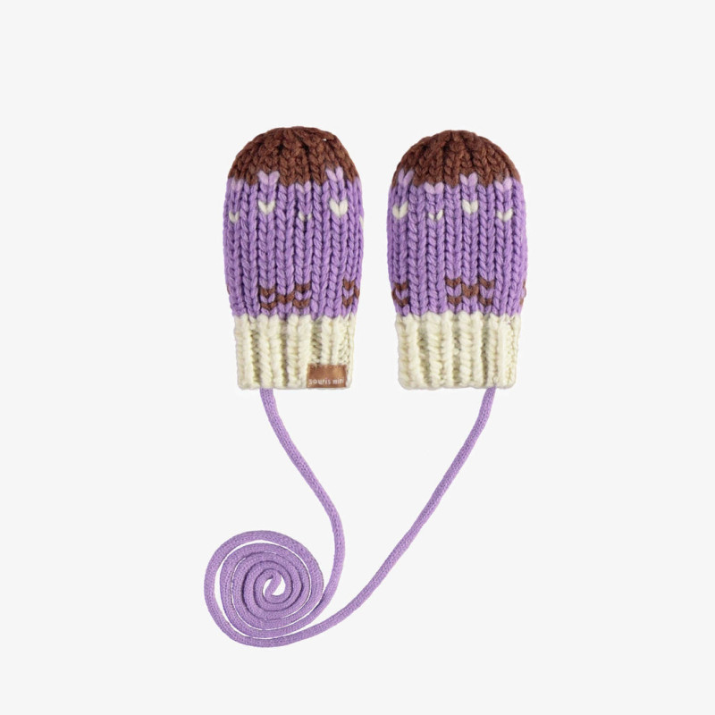 Purple knitted mittens with a jacquard print and a cord, baby