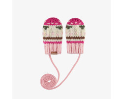 Pink and cream knitted mittens with a print and drawstring, baby