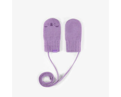 Purple knitted mittens with string, baby