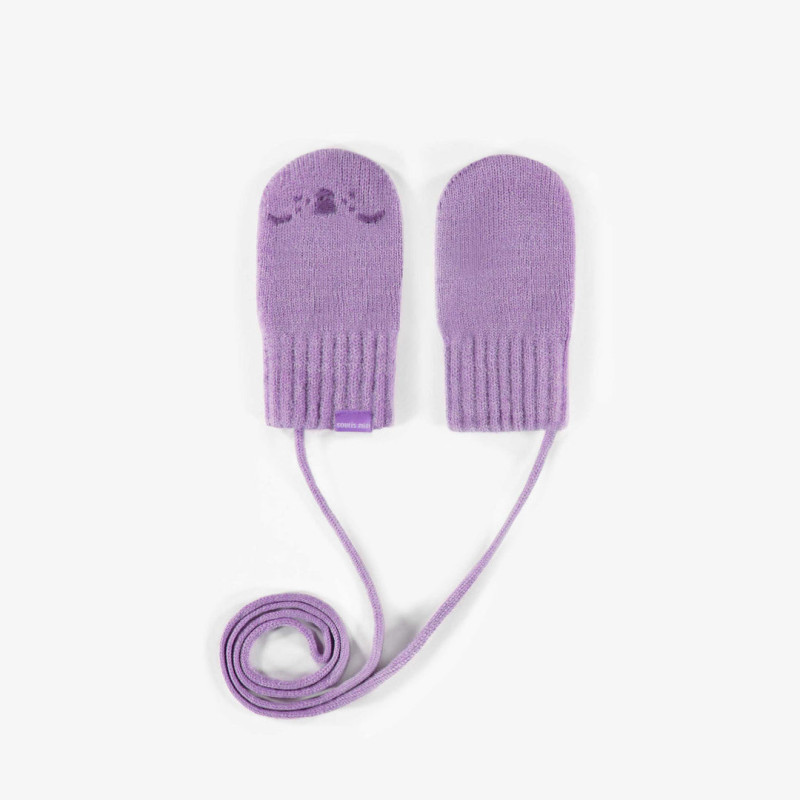 Purple knitted mittens with string, baby