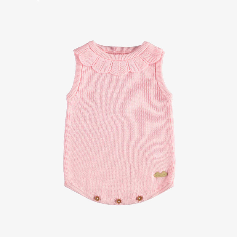 Ribbed knit one piece with wide straps and pink crochet collar, newborn