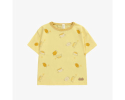 Light yellow short sleeves t-shirt with crab print in organic jersey, newborn