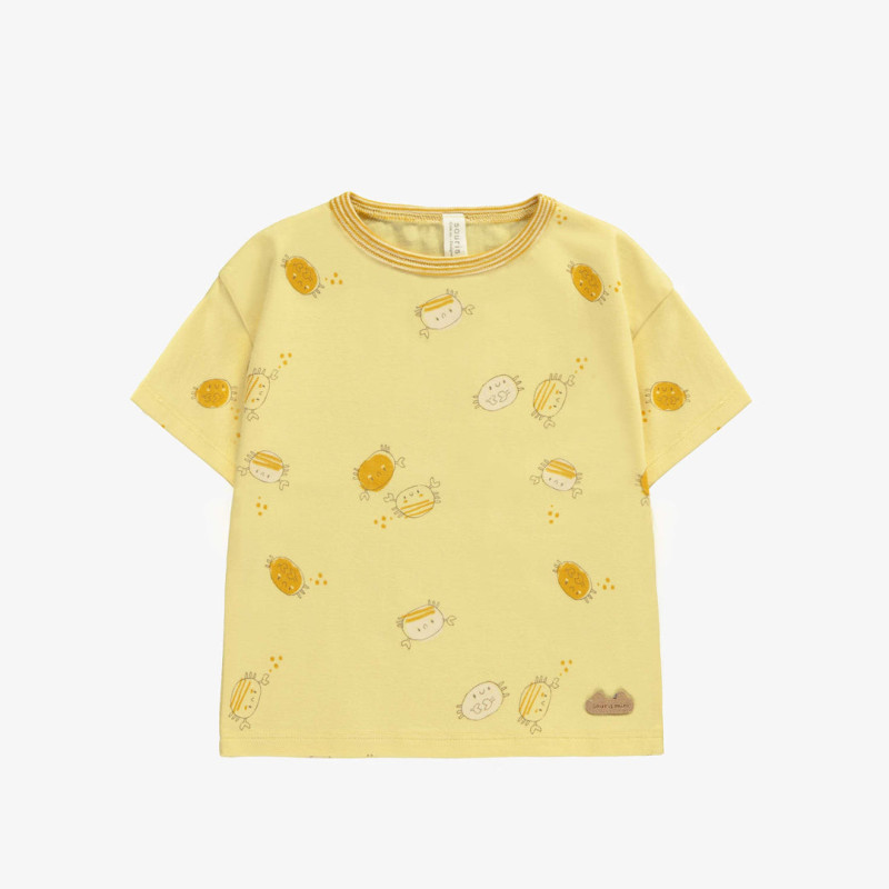 Light yellow short sleeves t-shirt with crab print in organic jersey, newborn