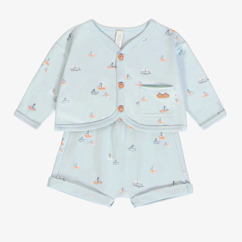 Light blue two-pieces set with sailboat print in organic jersey, newborn