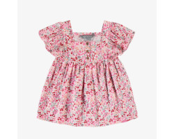 Pink flowery dress with short sleeves in viscose, baby