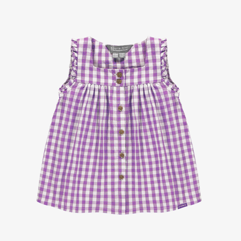 Purple and white checkered dress with large straps in seersucker, baby