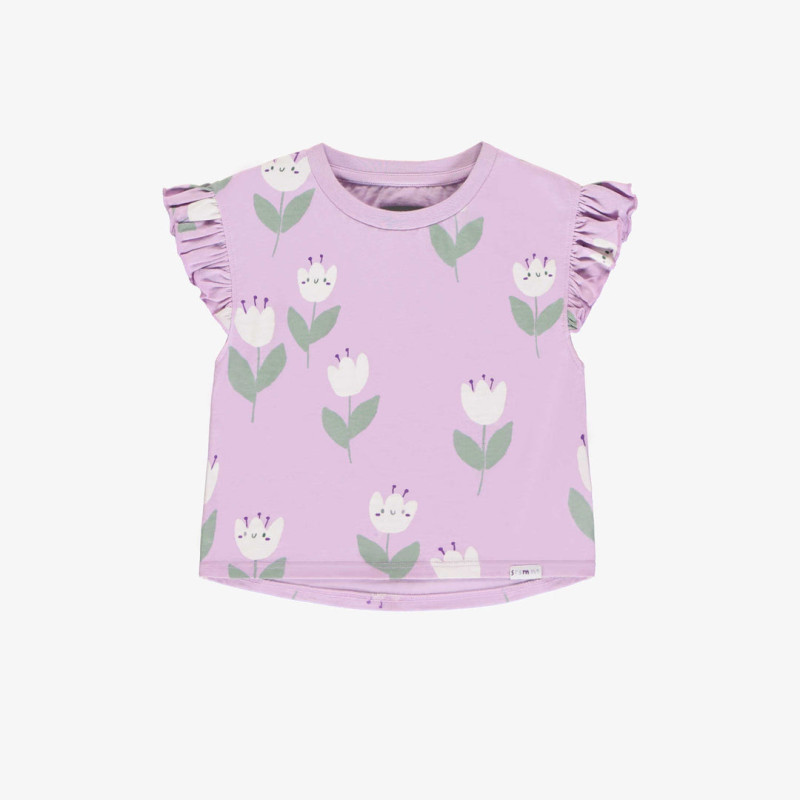 Loose-fitting lilac t-shirt with tulip all over print in stretch jersey, baby