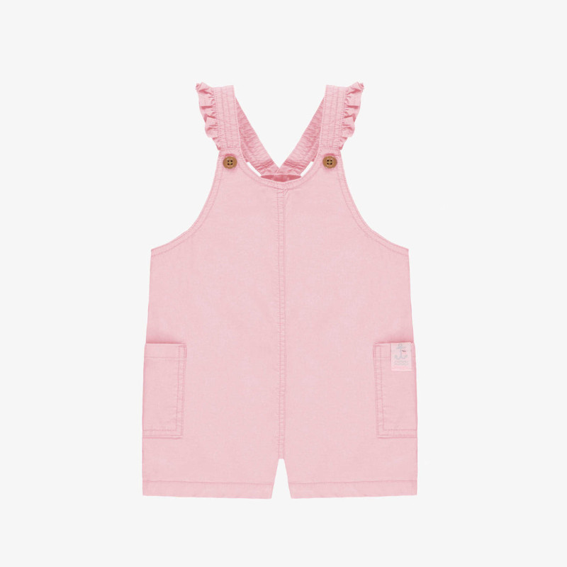 Short pink overall with ruffled straps in cotton, baby