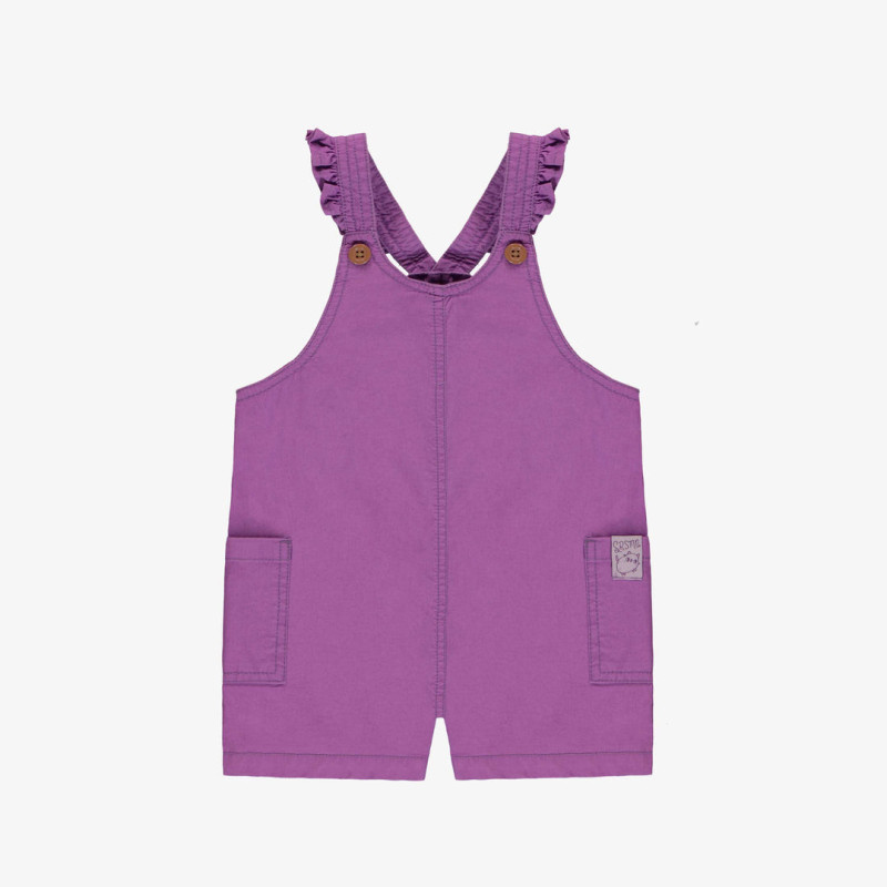 Short purple overall with ruffled straps in cotton, baby