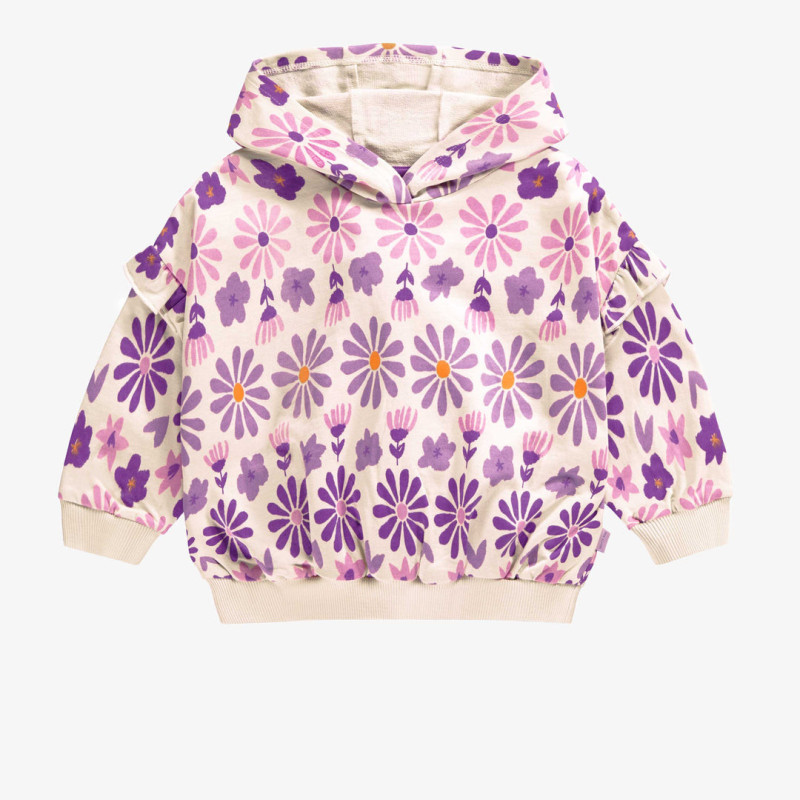 Cream hoodie with purple floral print in French terry, baby