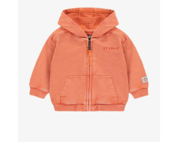 Orange hooded sweater with zipper in French terry, baby