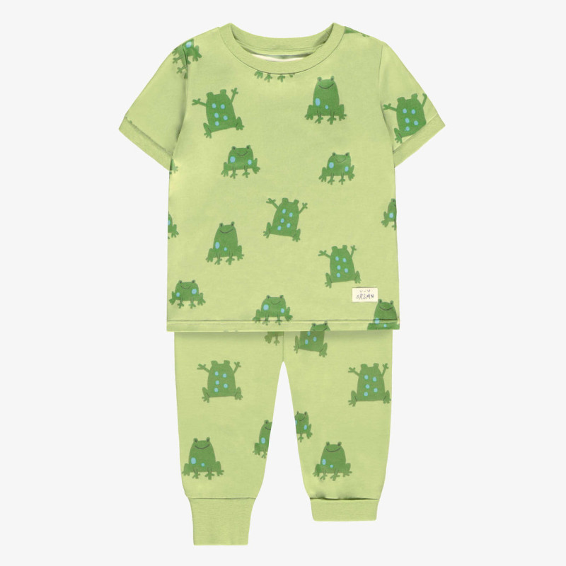 Green soft jersey two piece pajamas with frog all-over print, baby