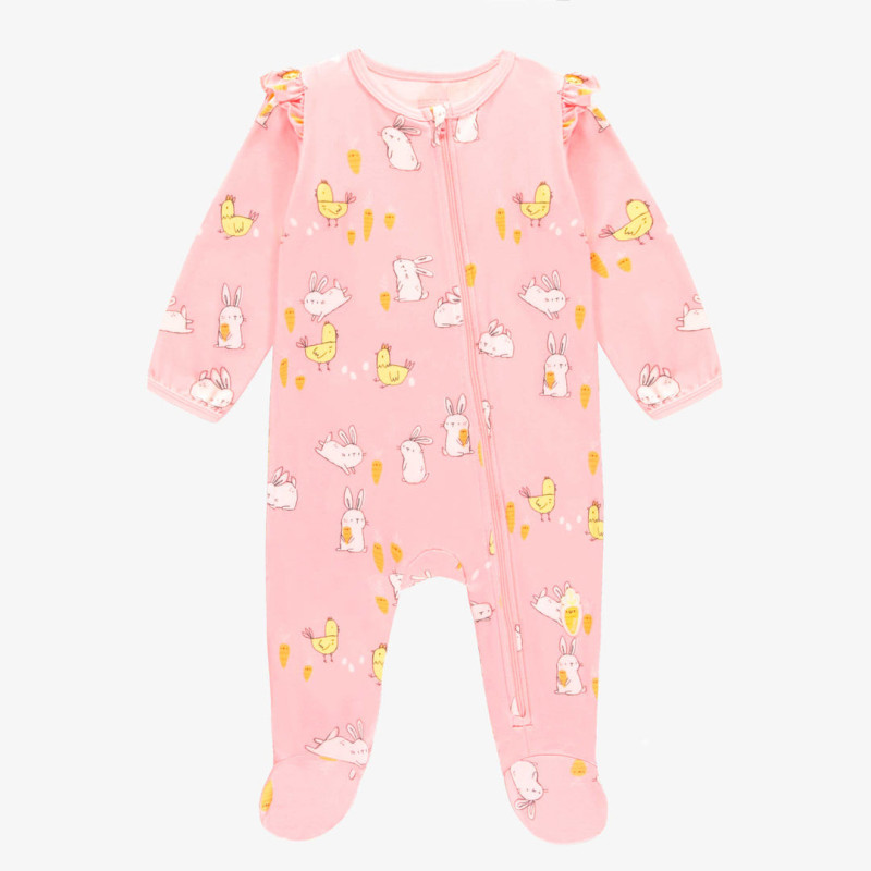 Pink one-piece pajama with bunnies and chickens print, baby, baby