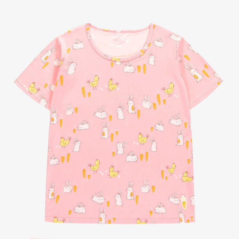 Pink pajama top with bunnies and chickens print, adult