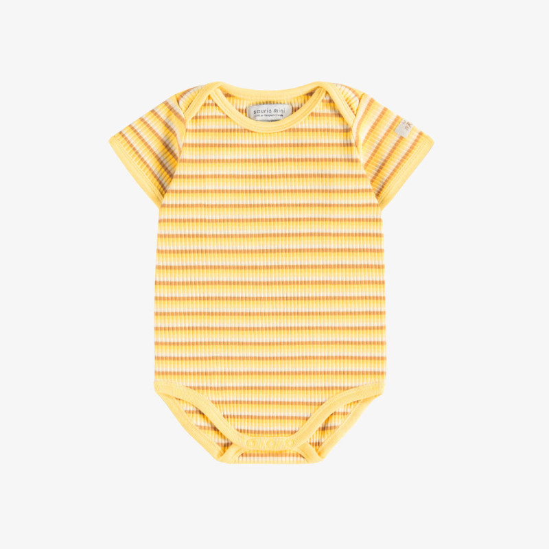 Orange, yellow and cream striped rib-knit bodysuit with short sleeves, baby