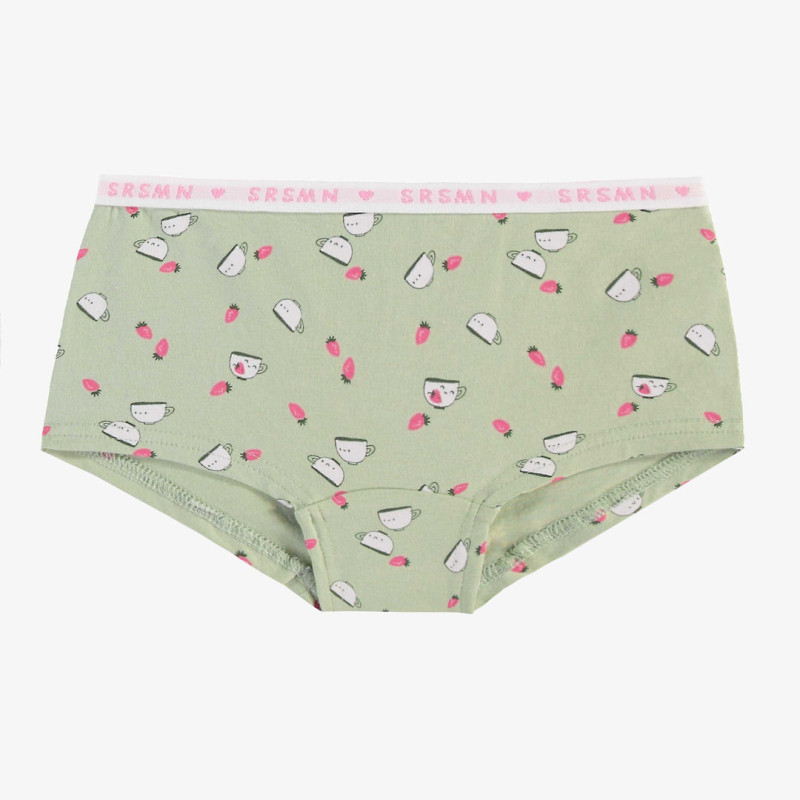 Sage-green boycut panties with strawberry and cup all over print in stretch jersey, child